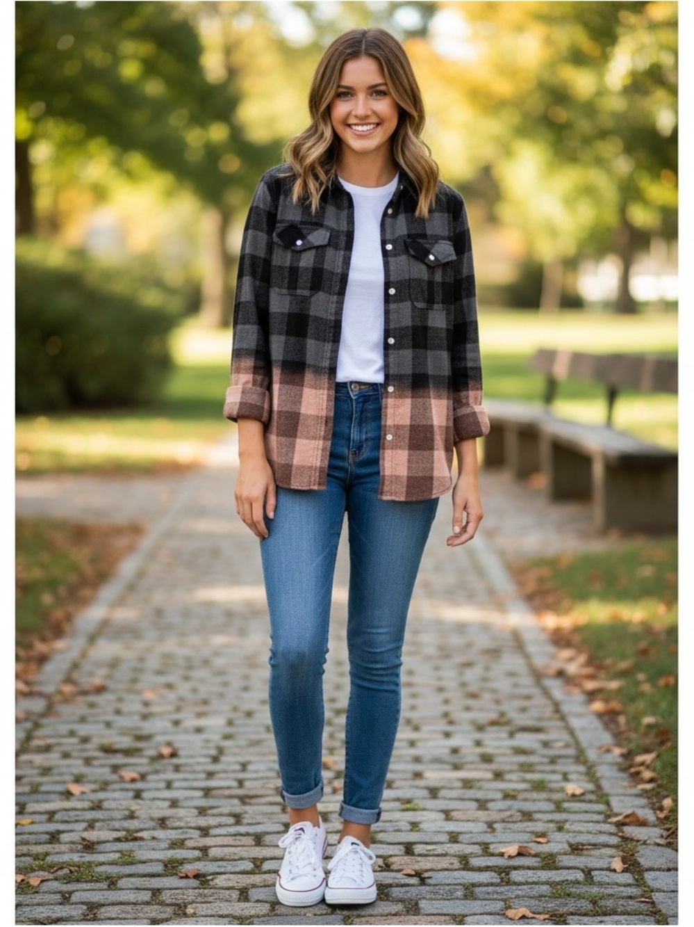 Panache Ombre Plaid Button-Down Flannel Shirt – Black/Grey/Brown Fade | Size S